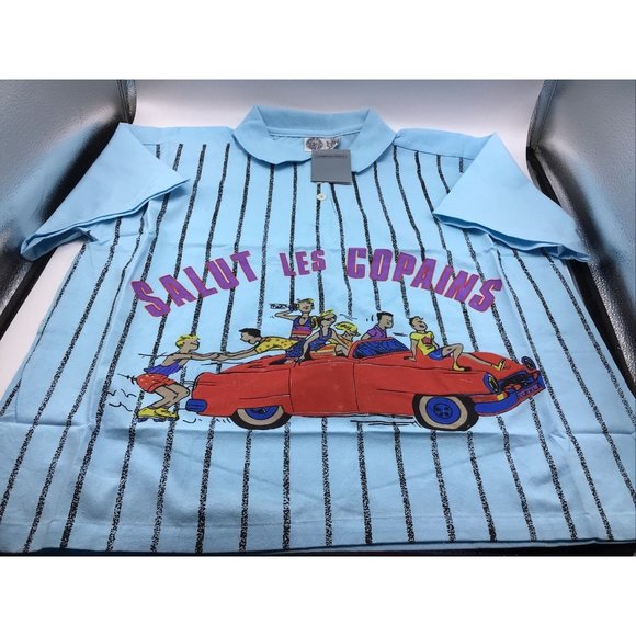 Caribbean Pacific Womens L Blue Graphic Polo Shirt Pocket Vtg 80s NWT Car People - Picture 1 of 12